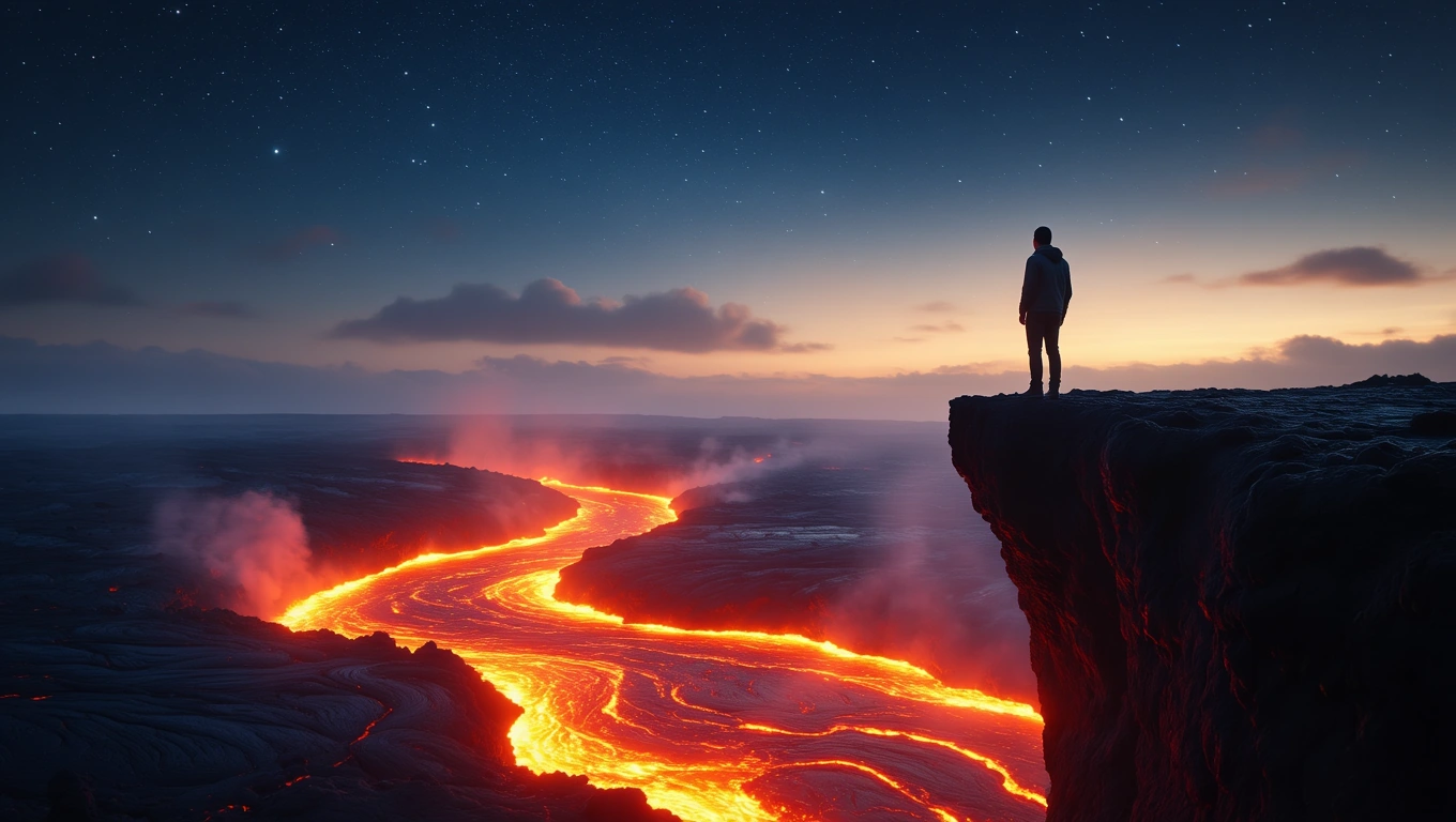 Mit jelent lávafolyammal álmodni? – Részletes álomfejtés és értelmezés Egy ember áll a sziklafalon, alatt lávafolyam kanyarog a sötét égbolt alatt.