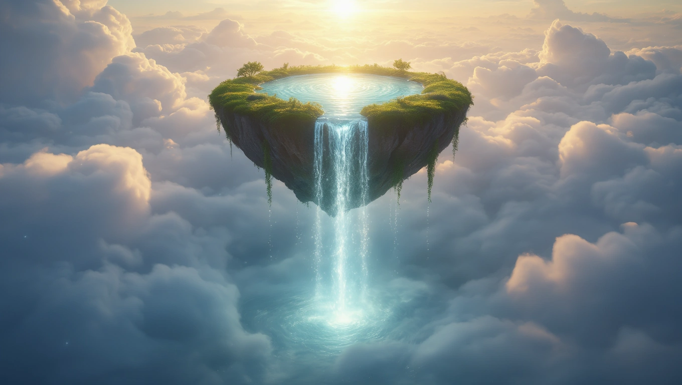 Mit jelent forrásról álmodni? – Részletes álomfejtés és értelmezés Egy lebegő forrás, vízeséssel, zöld növényzettel körülvéve, felhők között.