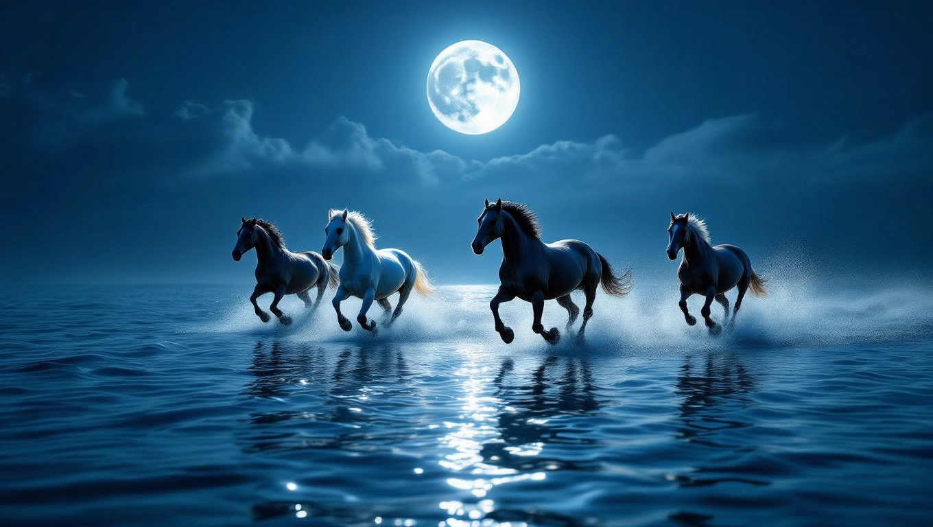 Mit jelent lovakkal álmodni? – Részletes álomfejtés és értelmezés Négy ló fut a vízen, a telihold fényében, misztikus hangulatban.