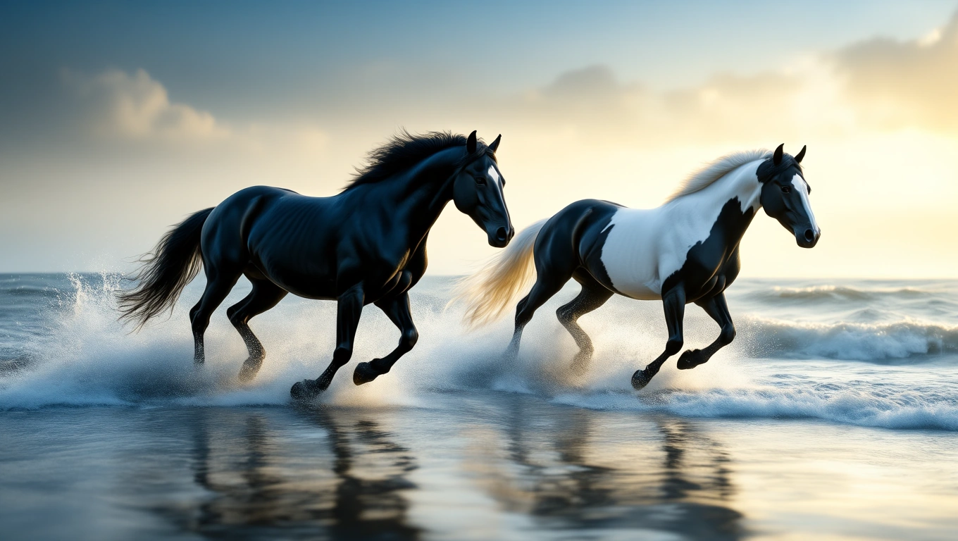 Mit jelent lovakkal álmodni? – Részletes álomfejtés és értelmezés Két ló fut a tengerparton, az egyik fekete, a másik fehér foltos.