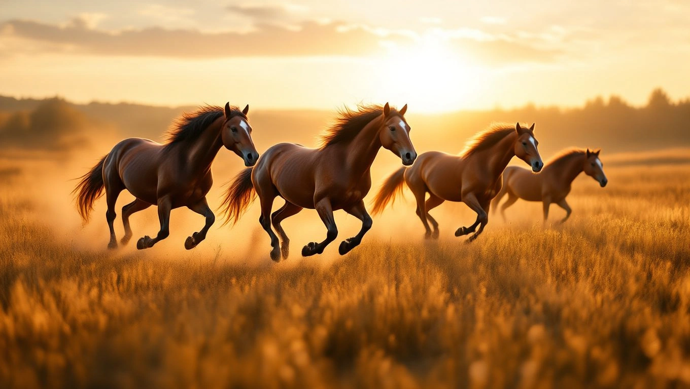 Mit jelent lovakkal álmodni? – Részletes álomfejtés és értelmezés Négy ló fut egy aranyló mezőn naplementében, szabadon és boldogan.