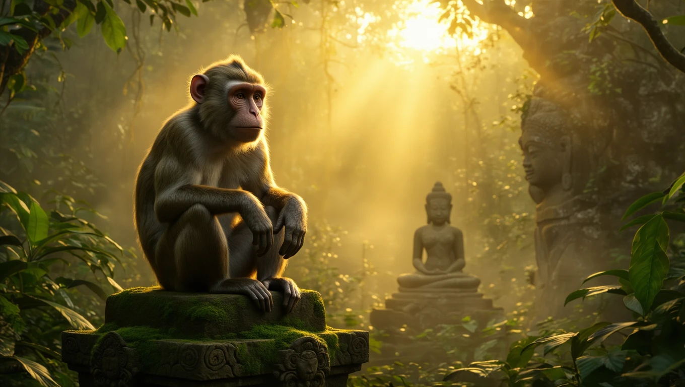 Egy majom ül egy mohos sziklán, háttérben Buddha szoborral és napfénnyel.