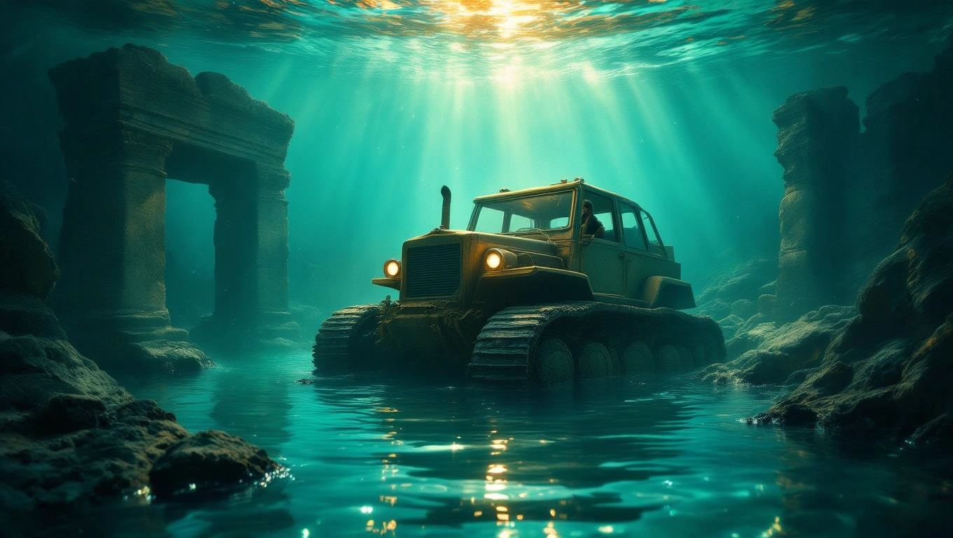 Mit jelent markológépről álmodni? – Részletes álomfejtés és értelmezés Egy markológép úszik a víz alatt, romos oszlopok között, misztikus fényekkel.