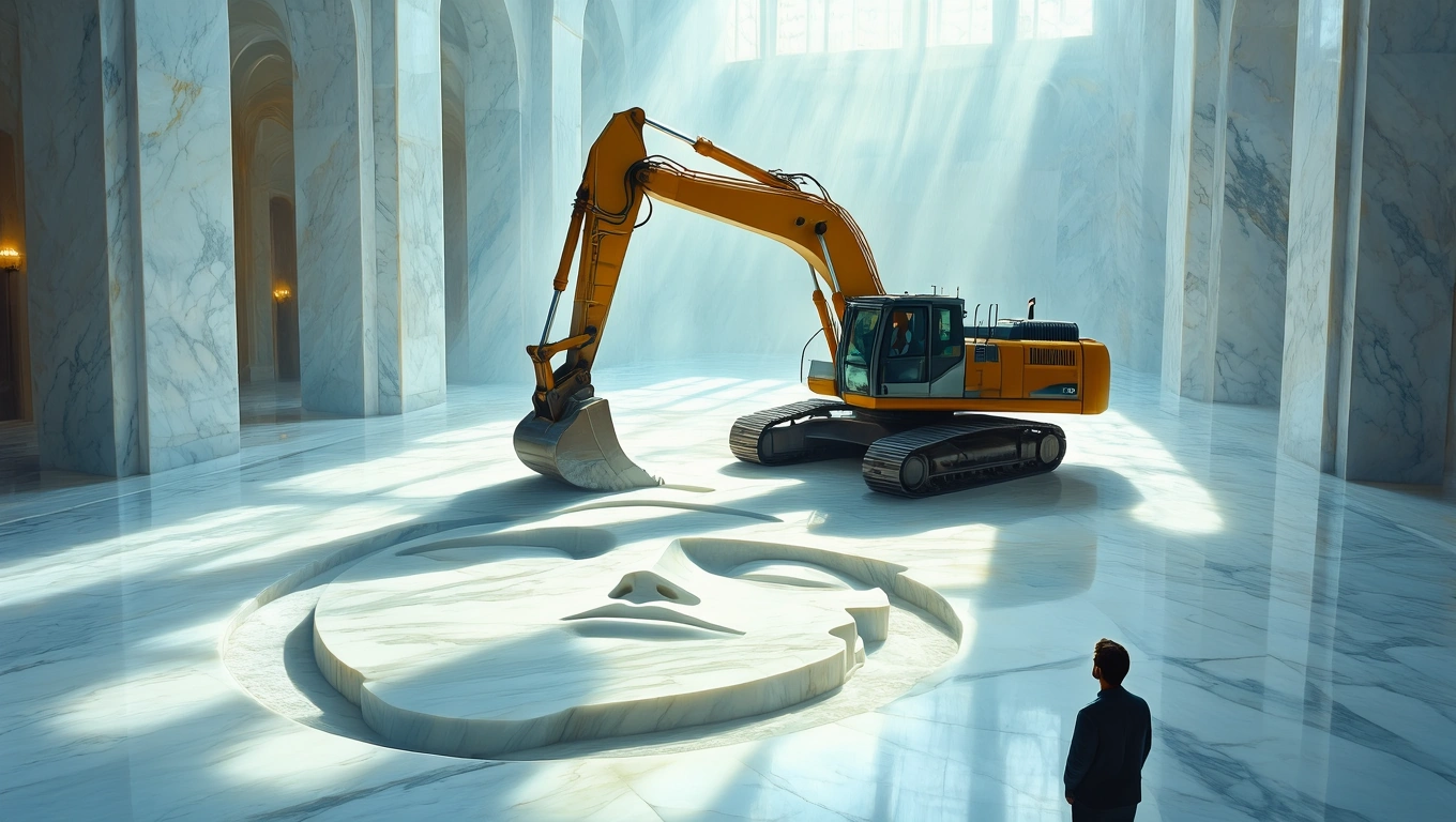 Mit jelent markológépről álmodni? – Részletes álomfejtés és értelmezés Egy markológép egy fényes, márványos teremben, egy arcot formázó minta felett.