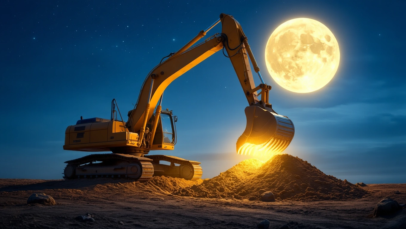 Egy markológép éjszaka, a telihold fényében, homokot emel.