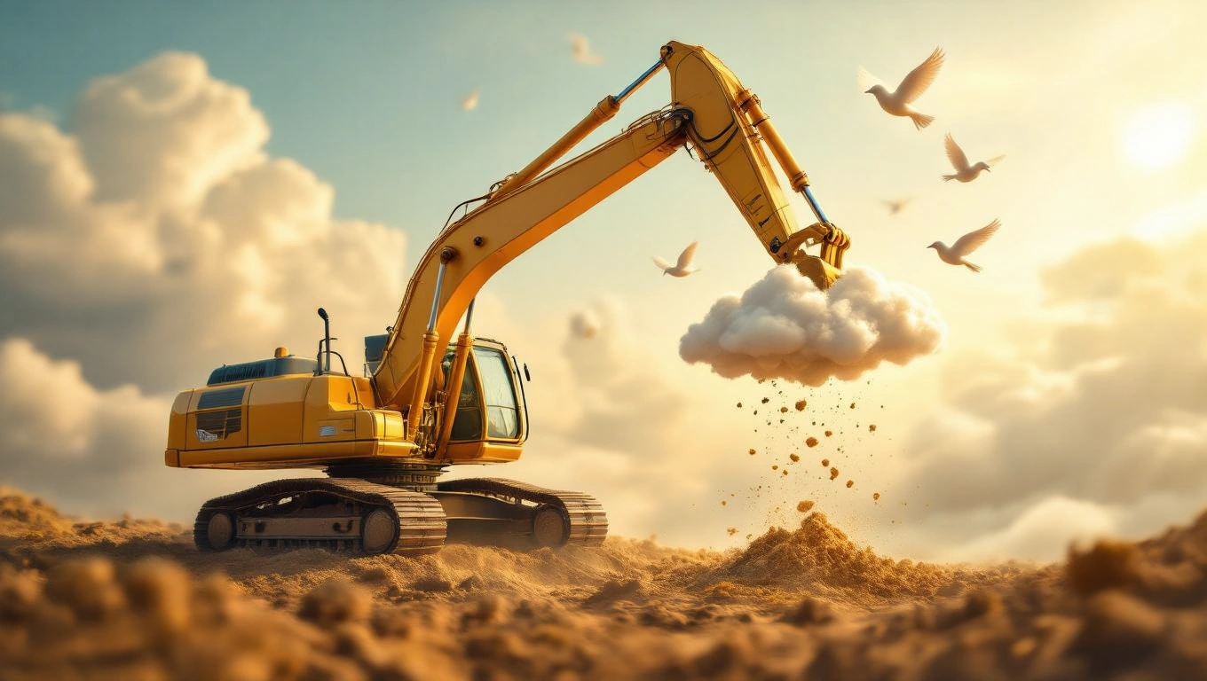 Mit jelent markológépről álmodni? – Részletes álomfejtés és értelmezés Egy markológép homokot emel egy felhőből, madarak repkednek a háttérben.