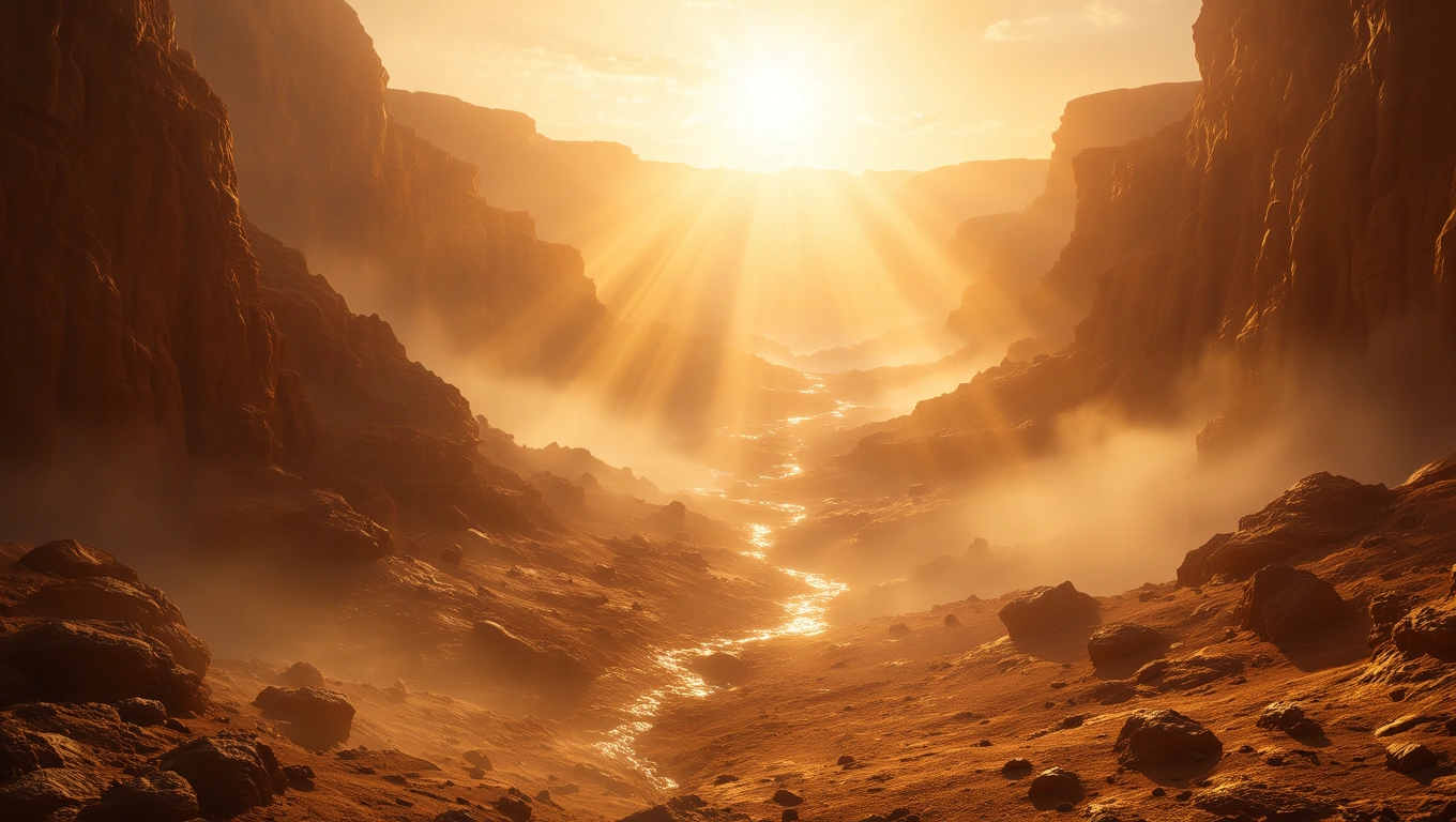 Mit jelent Marsról álmodni? – Részletes álomfejtés és értelmezés A Mars felszíne, napfényben fürdő sziklás táj, ködös völgyekkel.