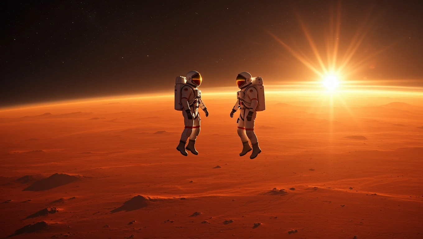 Mit jelent Marsról álmodni? – Részletes álomfejtés és értelmezés Két űrhajós lebeg a vörös Mars felszíne felett, napfelkeltével a háttérben.