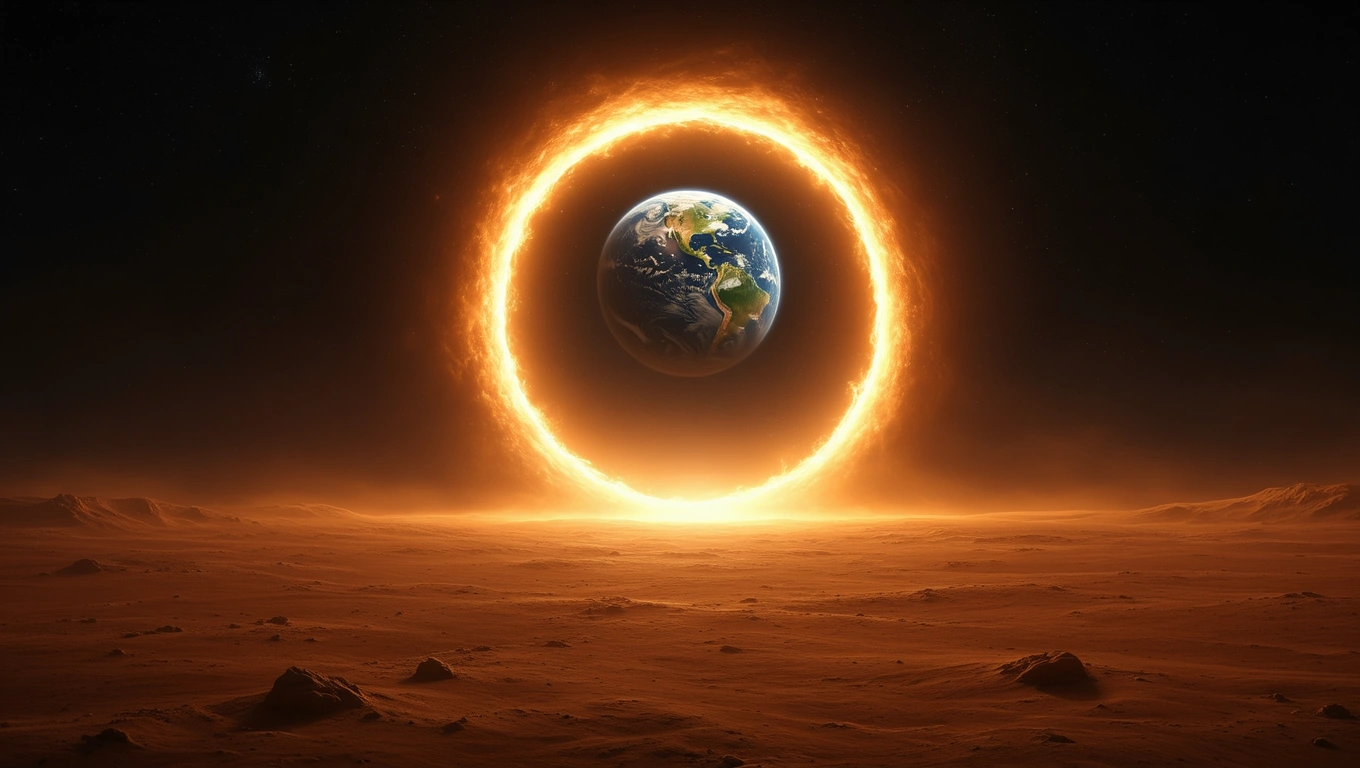 Mit jelent Marsról álmodni? – Részletes álomfejtés és értelmezés A Mars felszínén álló Föld, körülötte lángoló gyűrűvel, misztikus látvány.