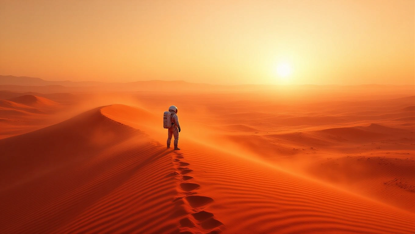 Mit jelent Marsról álmodni? – Részletes álomfejtés és értelmezés Űrhajós áll egy vöröses sivatagban, a naplemente fényei között.