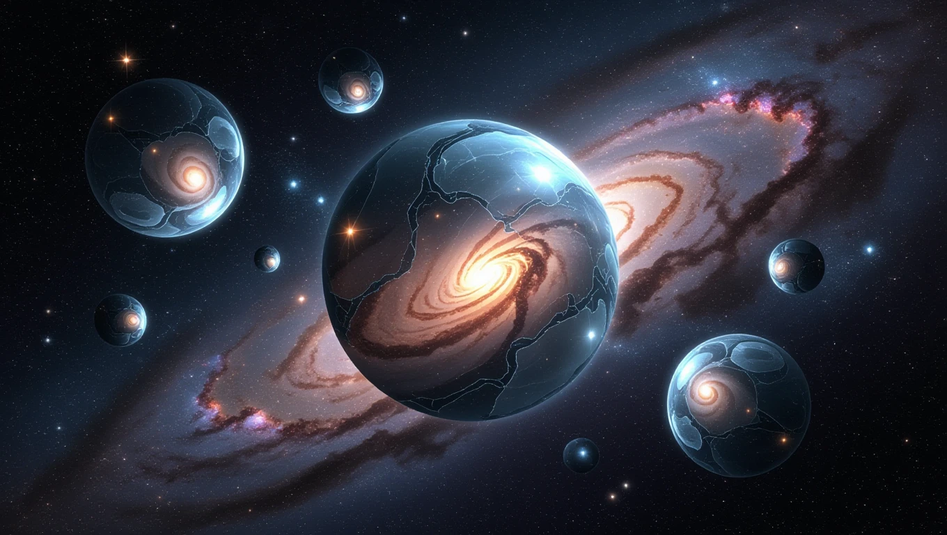 Absztrakt márványhatású gömbök lebegnek egy galaxis háttér előtt.