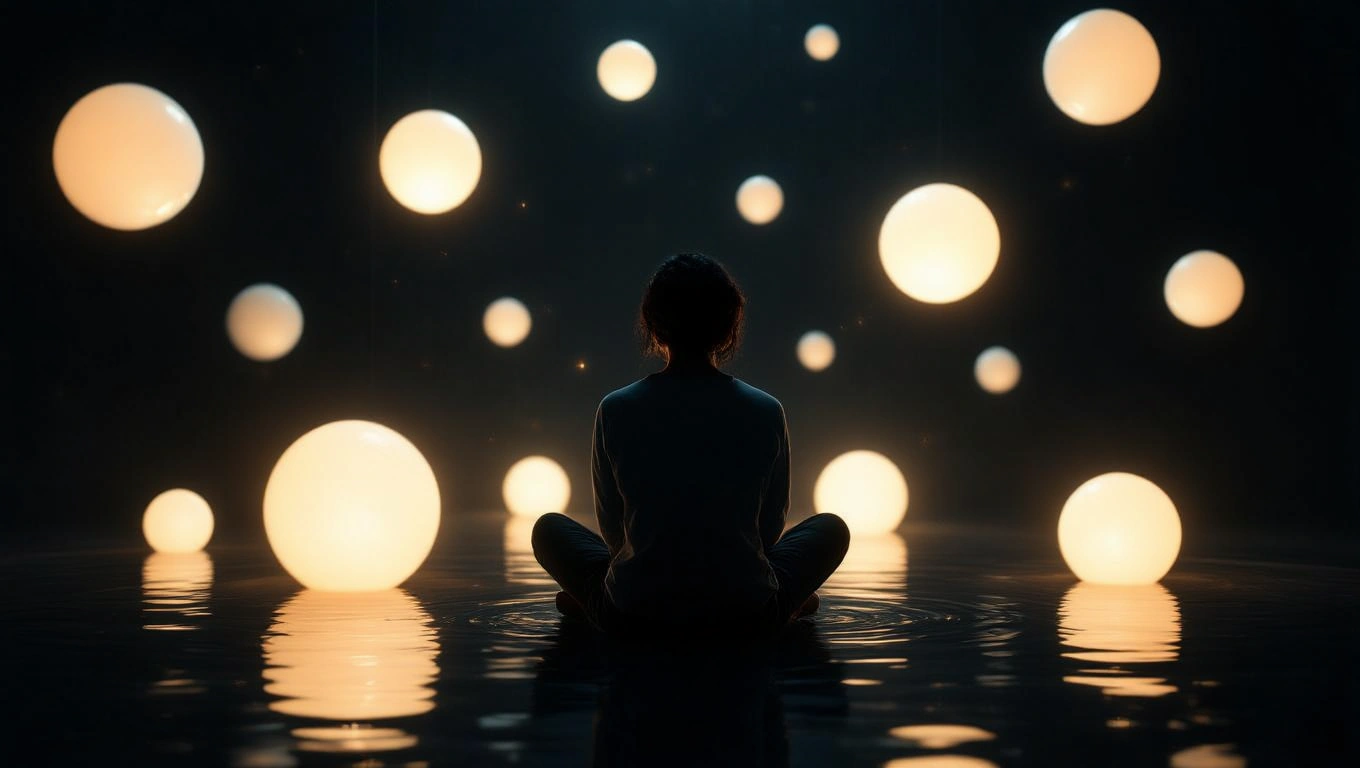 Mit jelent drogfüggővel álmodni? – Részletes álomfejtés és értelmezés Egy személy meditál a vízben, körülötte lebegő fénygömbökkel.