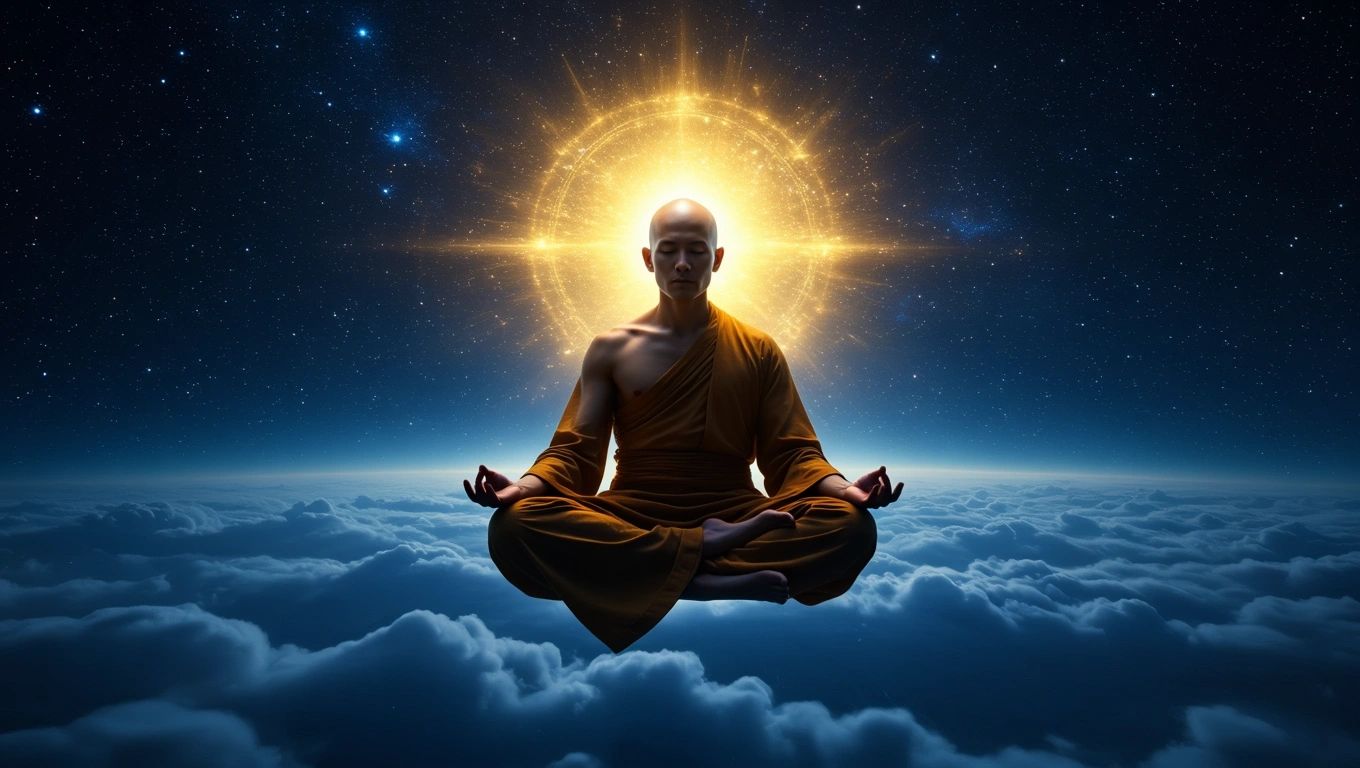 Mit jelent kopasz fejjel álmodni? – Részletes álomfejtés és értelmezés Egy kopasz férfi meditál a felhők felett, háttérben csillagokkal és fénygyűrűvel.