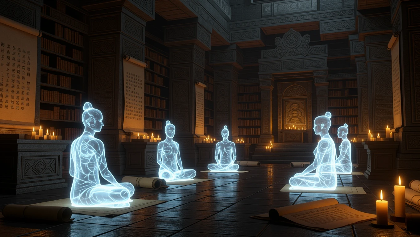 Mit jelent tanítással álmodni? – Részletes álomfejtés és értelmezés Öt áttetsző figura meditál egy könyvtárban, gyertyák világítanak körülöttük.