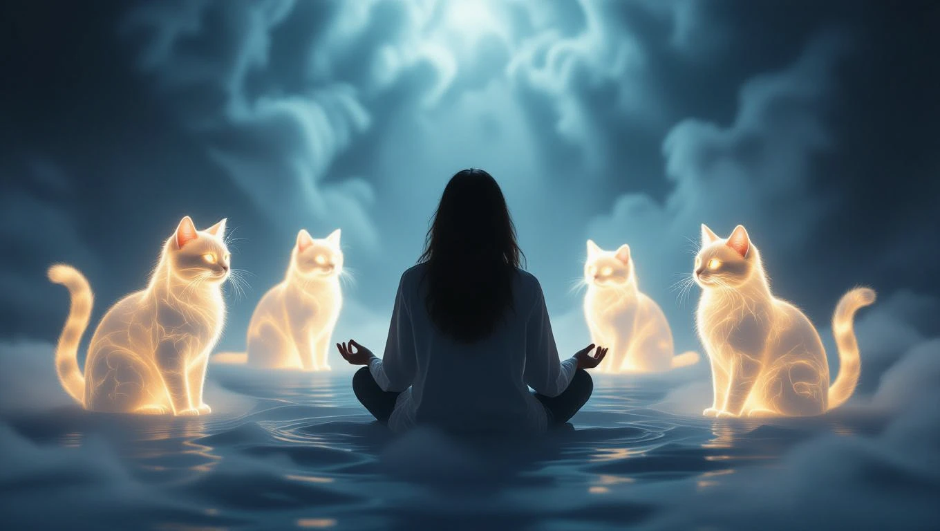 Mit jelent cicákkal álmodni? – Részletes álomfejtés és értelmezés Egy nő meditál, körülötte fénylő cicák lebegnek a víz felett.