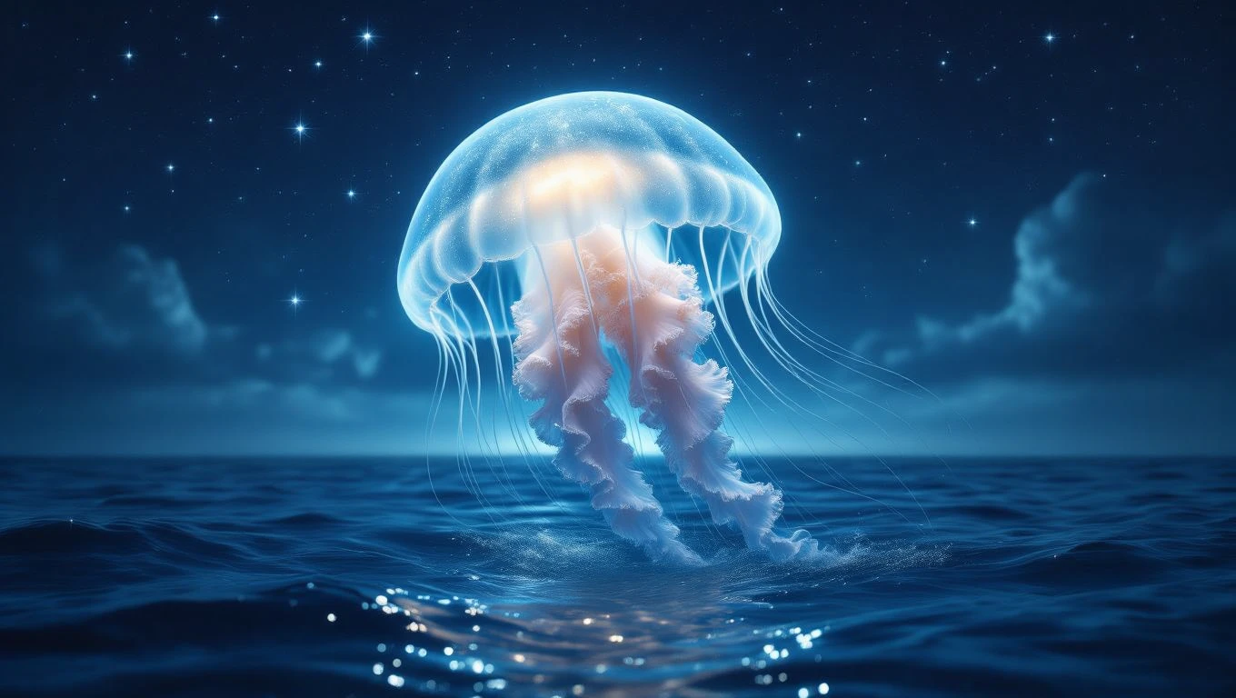 Mit jelent medúzával álmodni? – Részletes álomfejtés és értelmezés Egy medúza lebeg a sötét vízben, csillagokkal teli éjszakai háttér előtt.