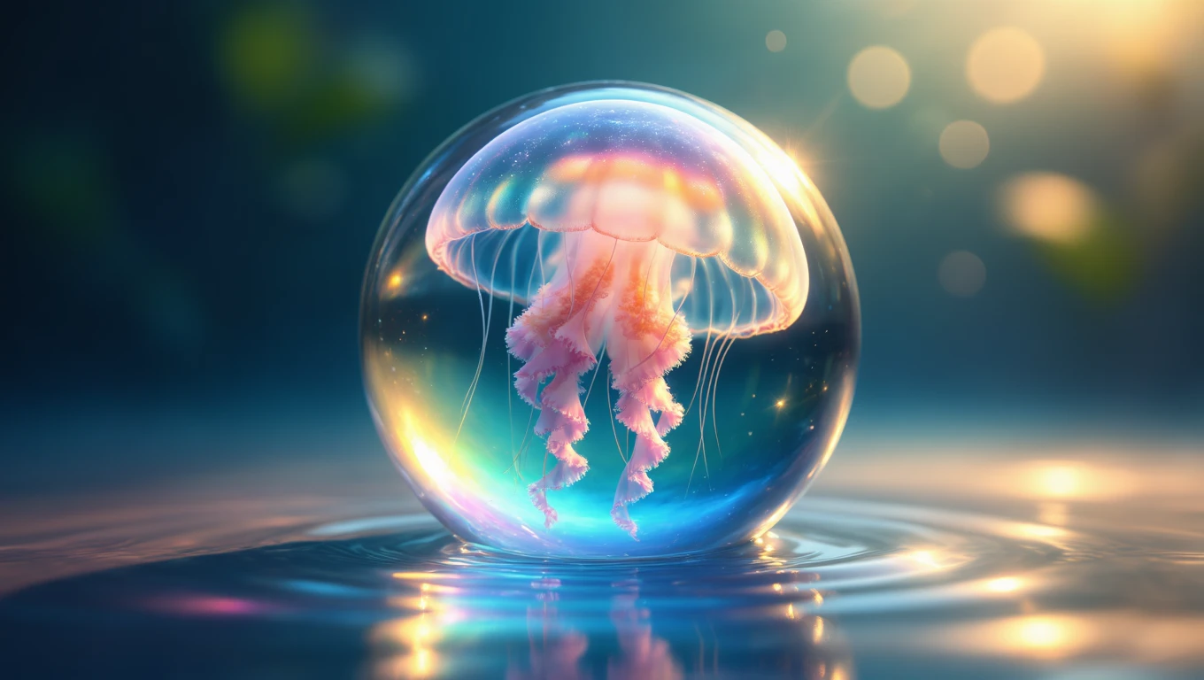 Mit jelent medúzával álmodni? – Részletes álomfejtés és értelmezés Egy színes medúza lebeg egy vízcseppben, csillogó háttérrel.