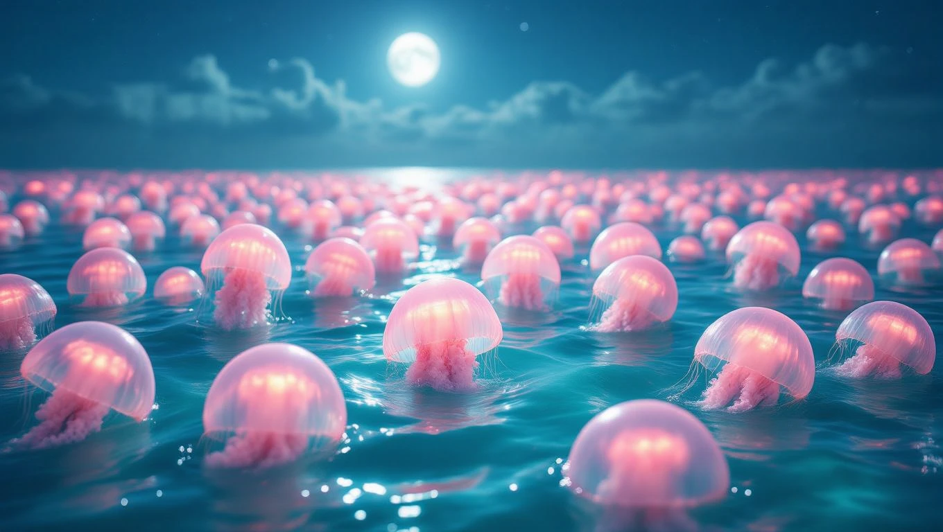 Mit jelent medúzával álmodni? – Részletes álomfejtés és értelmezés Számos medúza lebeg a víz felszínén, gyönyörű rózsaszín fényben.
