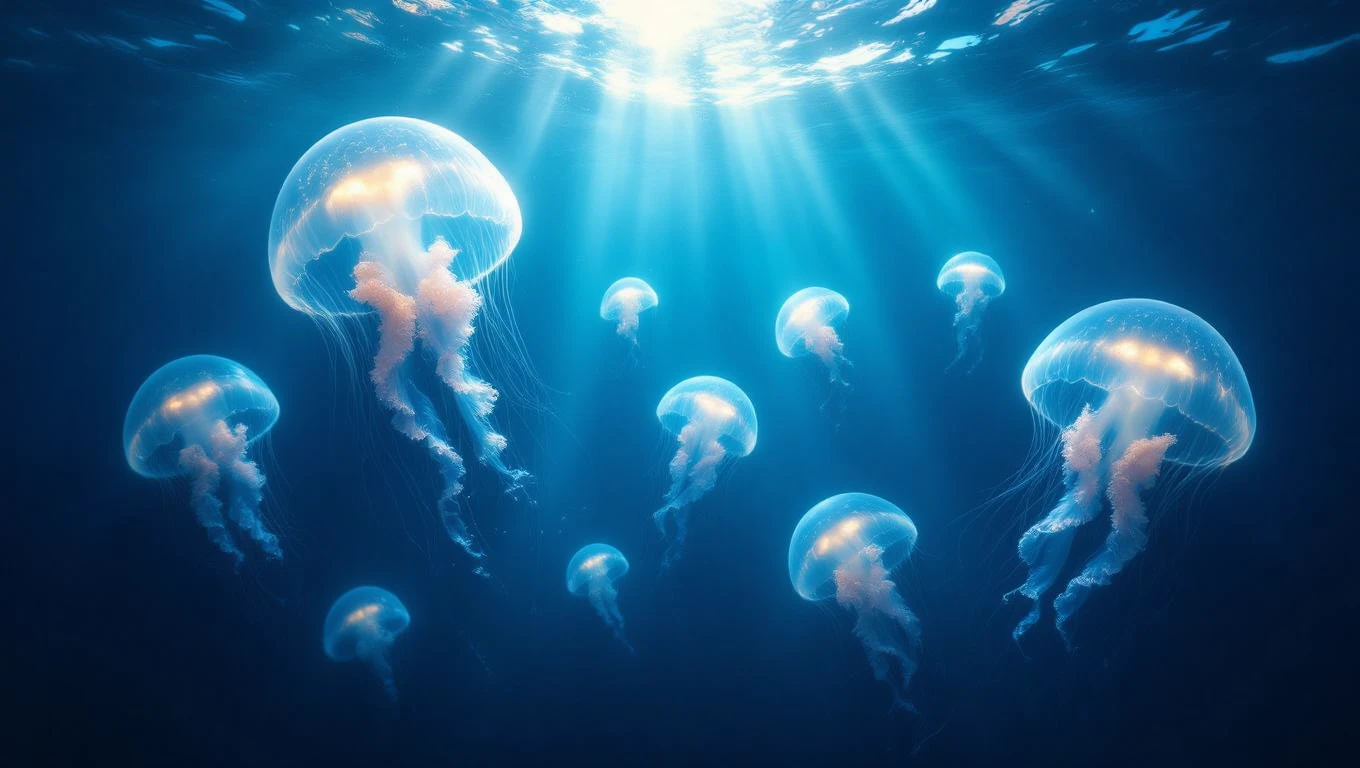 Mit jelent medúzával álmodni? – Részletes álomfejtés és értelmezés Több medúza úszik a tenger mélyén, világos kék vízben.