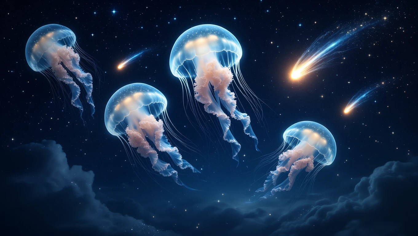 Mit jelent medúzával álmodni? – Részletes álomfejtés és értelmezés Négy medúza lebeg a csillagos égen, lágy fényben úszva.