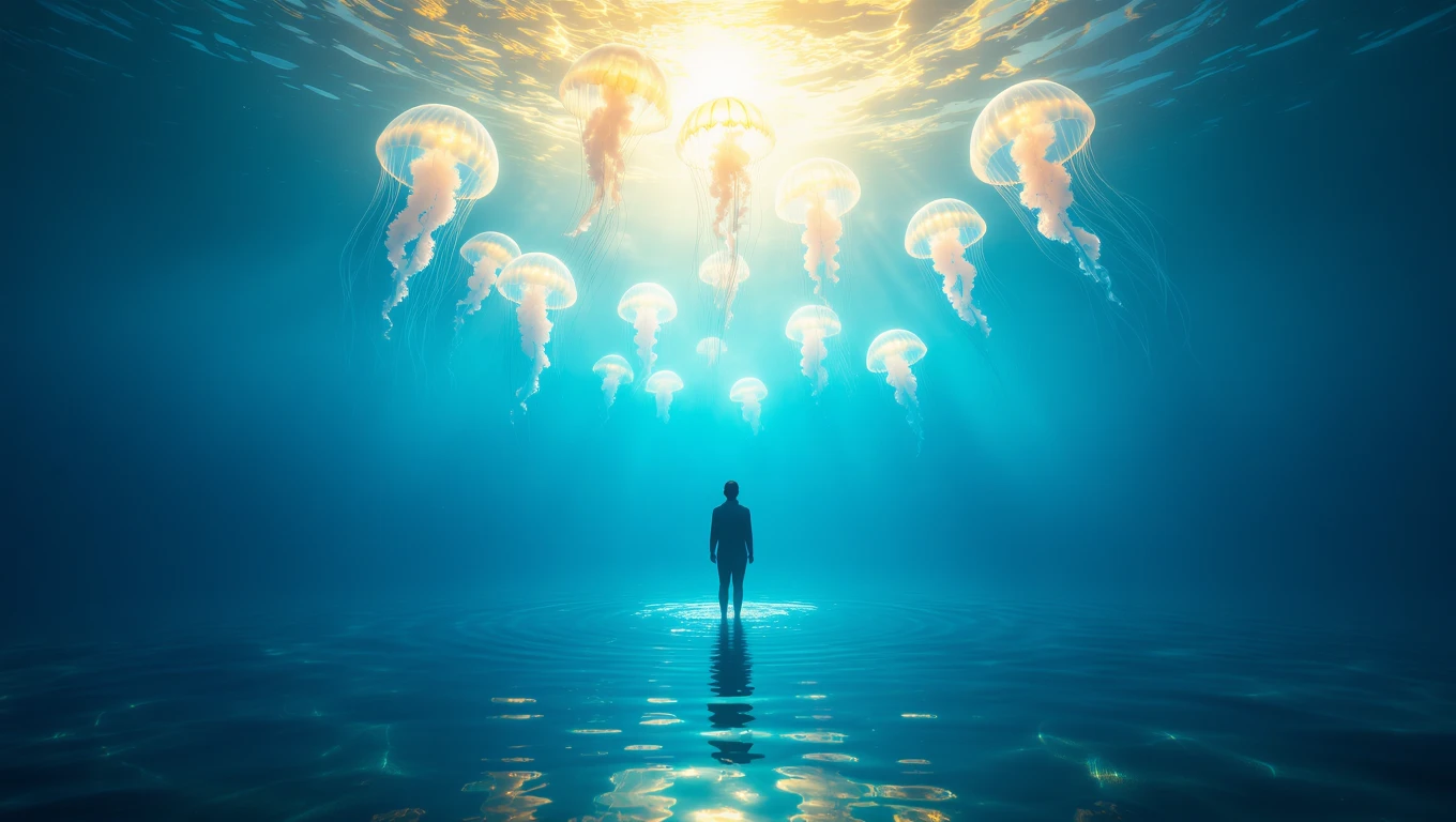Mit jelent medúzával álmodni? – Részletes álomfejtés és értelmezés Egy ember áll a vízben, körülötte lebegő medúzák világítanak a víz alatt.