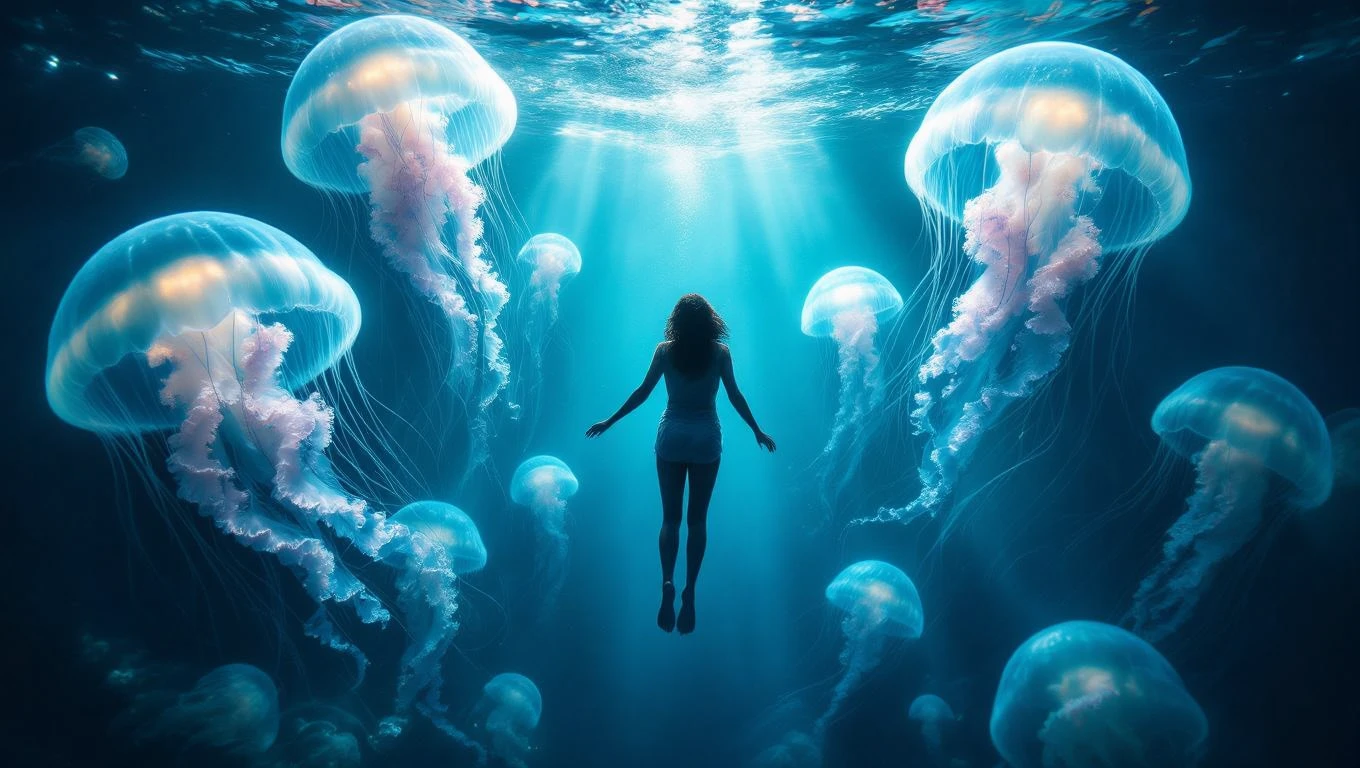 Mit jelent medúzával álmodni? – Részletes álomfejtés és értelmezés Egy nő lebeg a víz alatt, körülötte medúzák úsznak, kékes fényben.