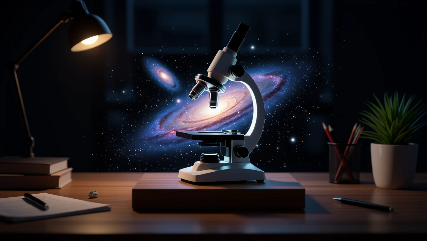 Mit jelent mikroszkóppal álmodni? – Részletes álomfejtés és értelmezés Egy mikroszkóp asztalon, mögötte galaxisokkal teli háttér.