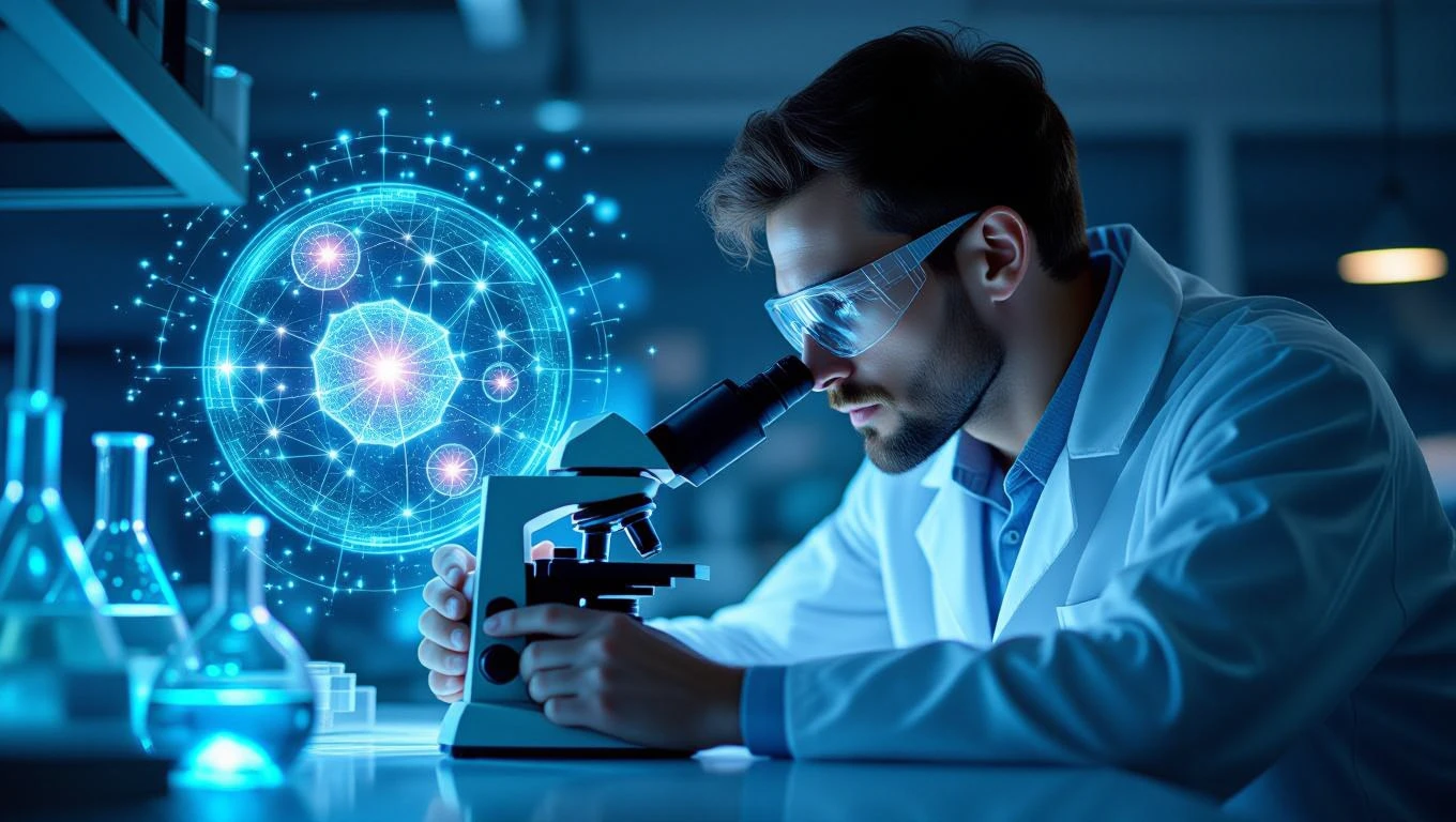 Mit jelent mikroszkóppal álmodni? – Részletes álomfejtés és értelmezés Egy férfi mikroszkóppal néz egy laboratóriumban, háttérben tudományos grafikák.