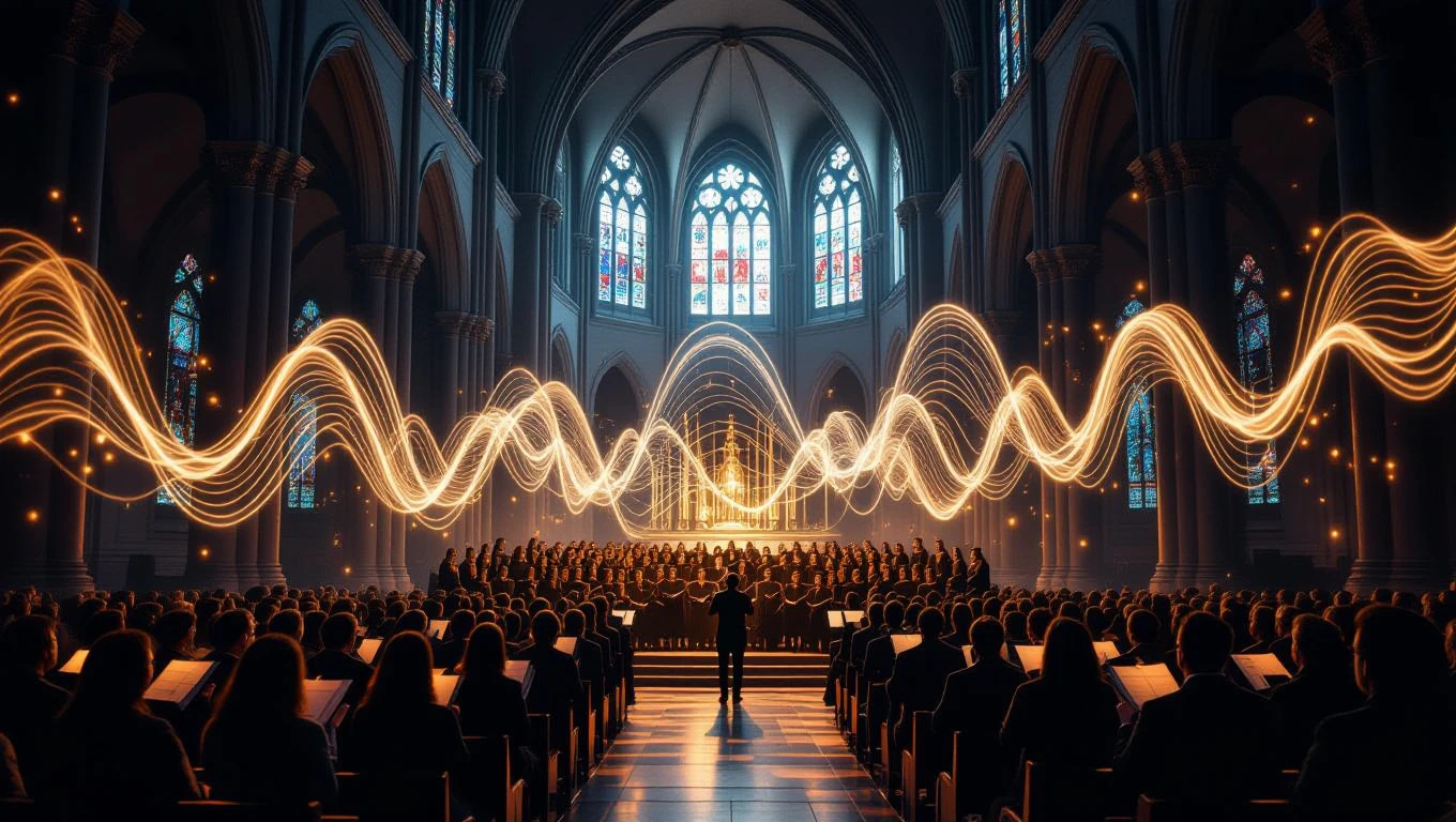 Egy templomban zajló mise, kórus énekel, színes üvegablakokkal.