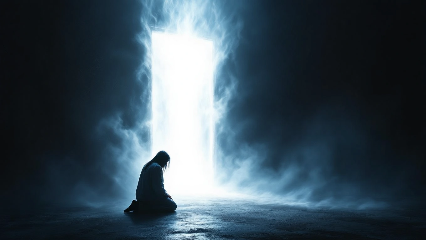 Mit jelent ördögűzésről álmodni? – Részletes álomfejtés és értelmezés Egy ember térdel a földön, háttérben egy világító ajtó, misztikus ködben.