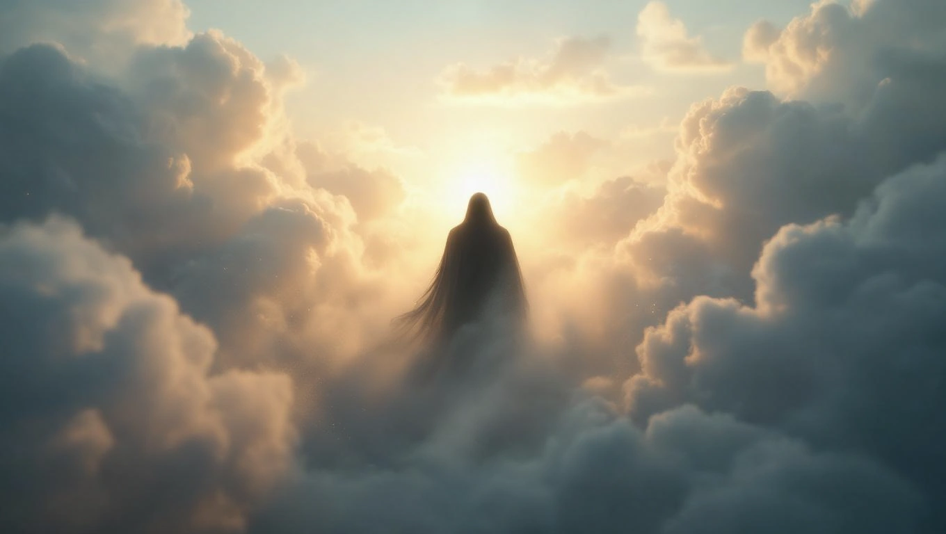 Mit jelent terroristával álmodni? – Részletes álomfejtés és értelmezés Egy misztikus alak áll a felhők között, háttérben napfény ragyog.