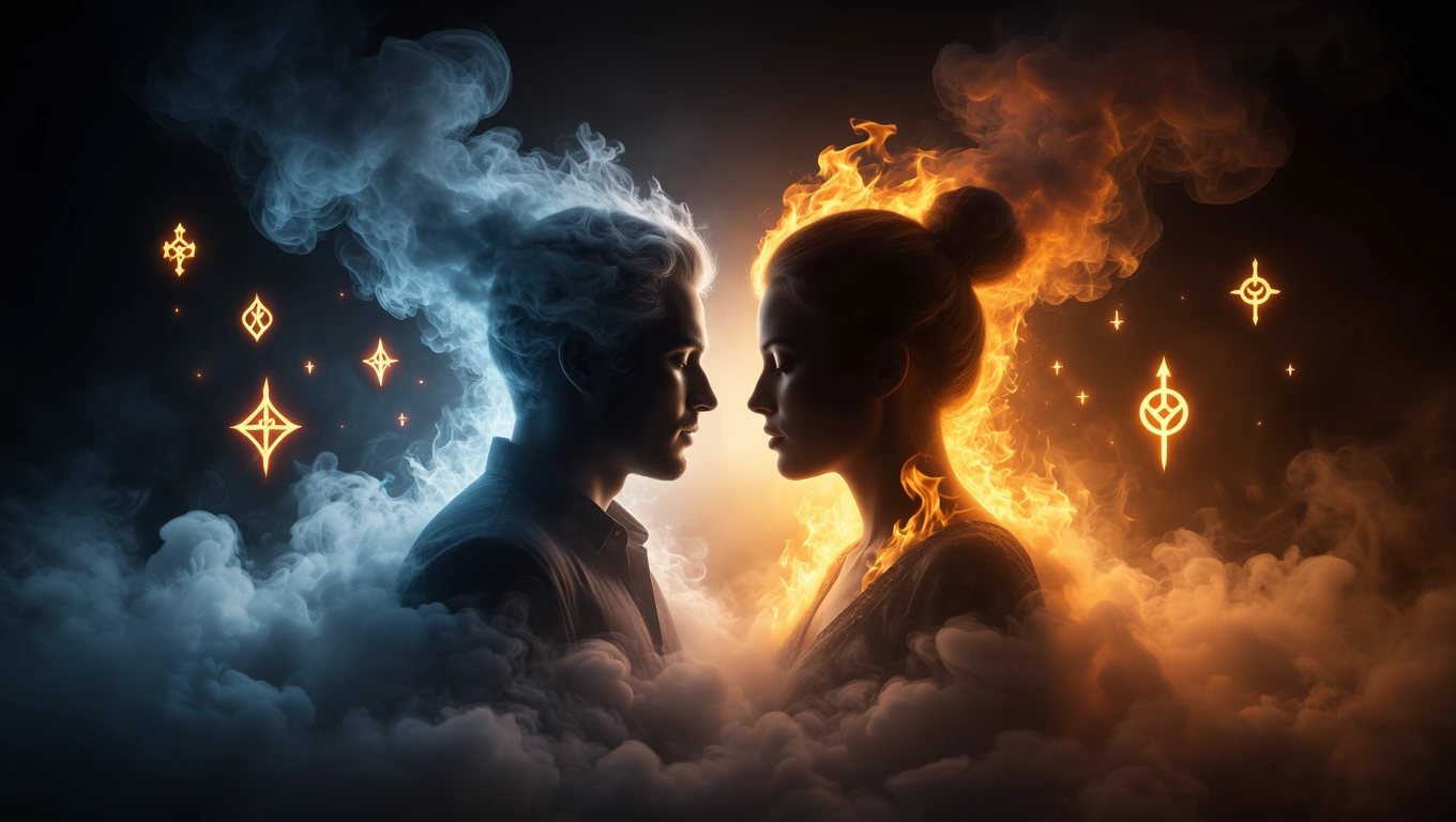 Mit jelent ördögűzésről álmodni? – Részletes álomfejtés és értelmezés Két ember arca, egyik oldalon füst, másikon lángok, misztikus szimbólumokkal.