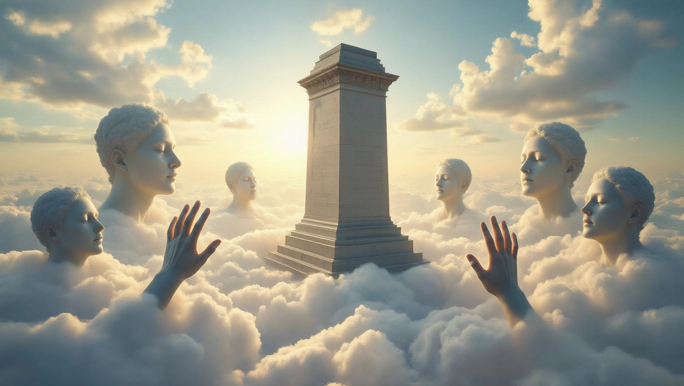 Mit jelent emlékművel álmodni? – Részletes álomfejtés és értelmezés Egy emlékmű körül lebegő fehér szobrok, felhők között, misztikus hangulatban.