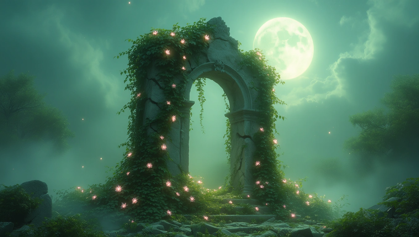 Mit jelent emlékművel álmodni? – Részletes álomfejtés és értelmezés Egy elhagyatott, növényekkel benőtt emlékmű, holdfényben ragyogva.