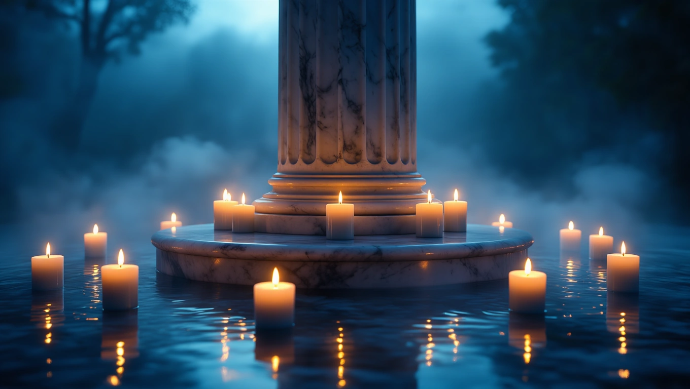 Mit jelent emlékművel álmodni? – Részletes álomfejtés és értelmezés Egy márványoszlop körül gyertyák világítanak, misztikus ködben.