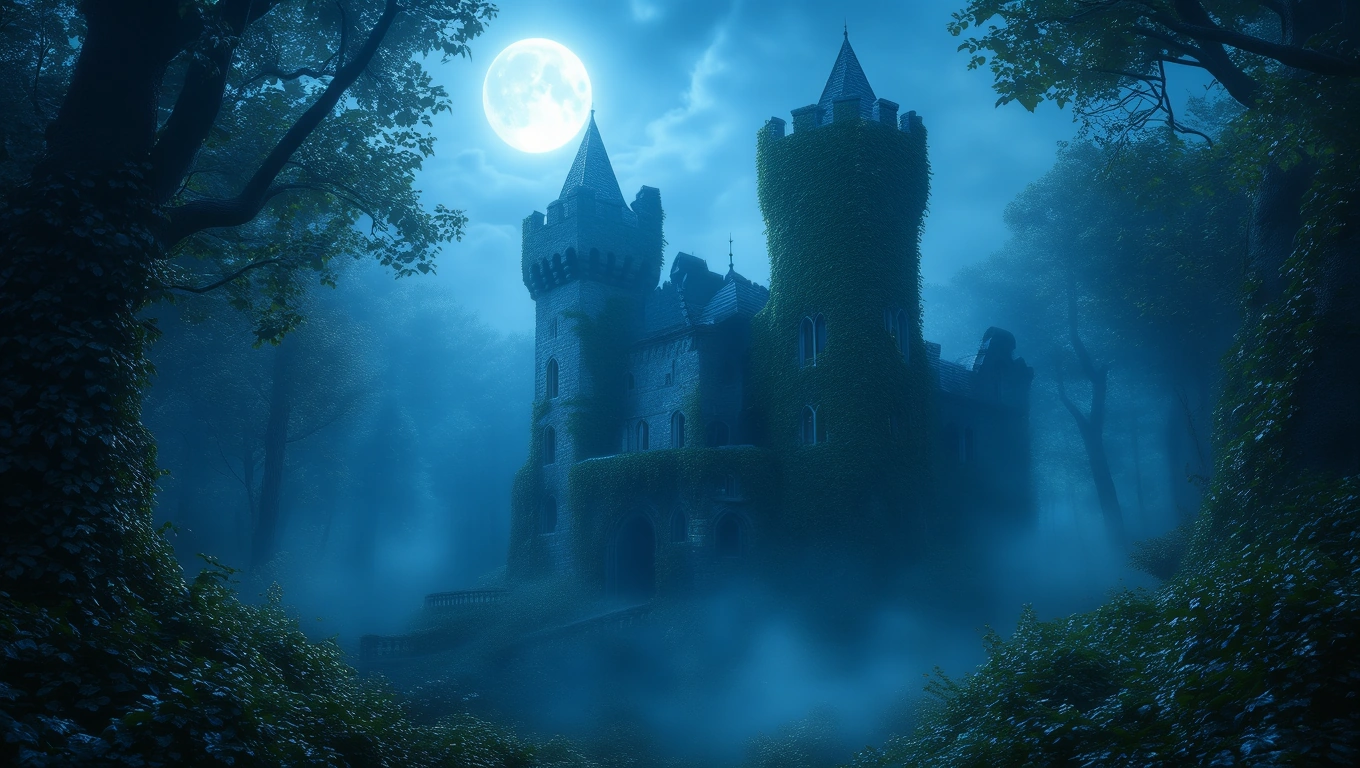 Mit jelent kastéllyal álmodni? – Részletes álomfejtés és értelmezés Egy elhagyatott kastély, amelyet sűrű növényzet borít, holdfényben.