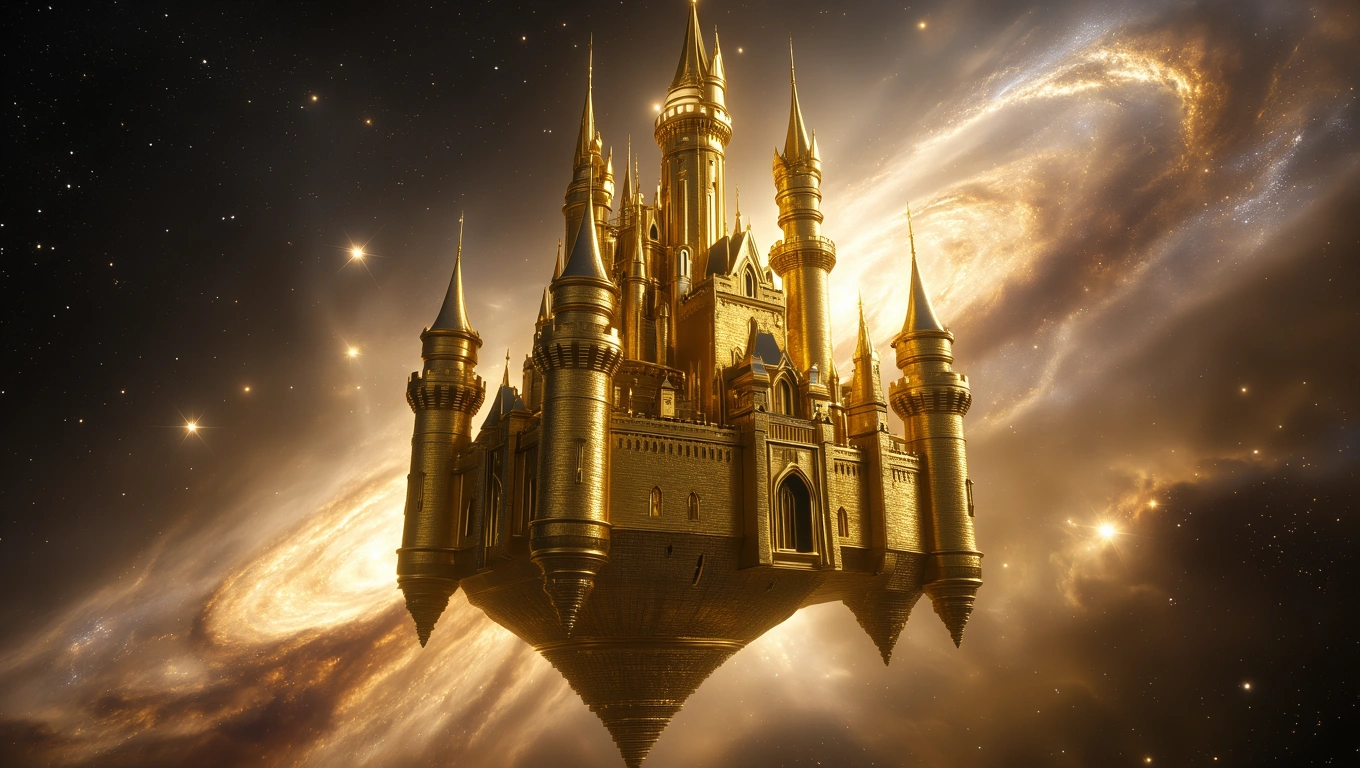 Mit jelent kastéllyal álmodni? – Részletes álomfejtés és értelmezés Egy aranyszínű kastély lebeg a csillagos űrben, misztikus háttérrel.