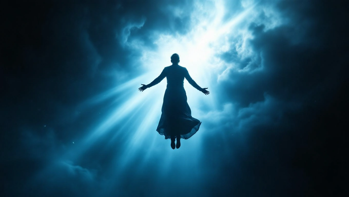 Mit jelent ördögűzésről álmodni? – Részletes álomfejtés és értelmezés Egy női alak lebeg a sötét felhők között, fénycsóvák világítják meg.
