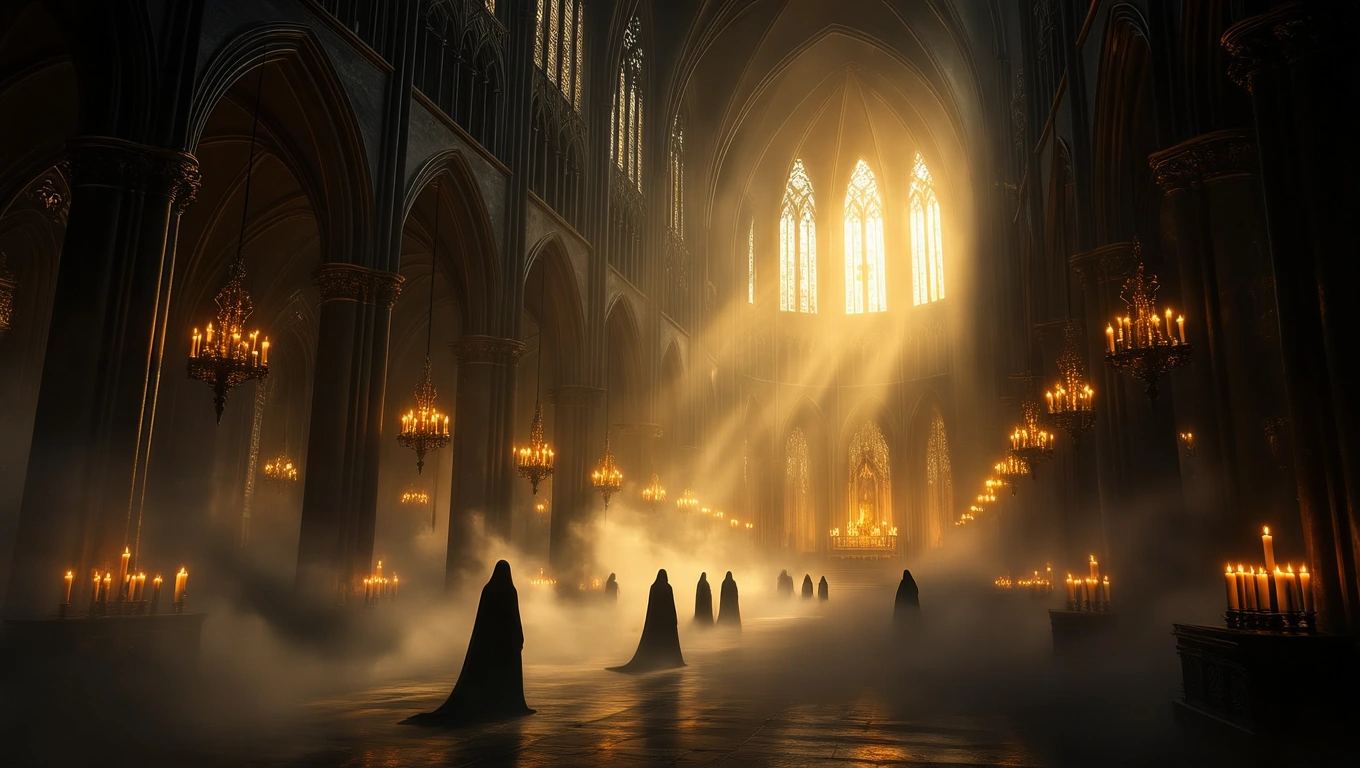 Mit jelent ördögűzésről álmodni? – Részletes álomfejtés és értelmezés Sötét templom belseje, gyertyák és füst között álló alakokkal.