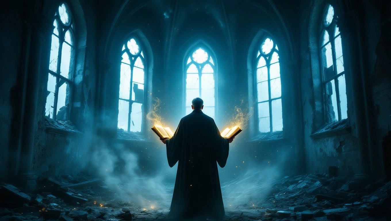 Mit jelent ördögűzésről álmodni? – Részletes álomfejtés és értelmezés Egy pap áll a romos templomban, két fénylő könyvet tart a kezében.