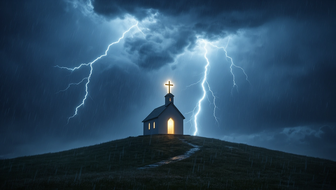 Mit jelent ördögűzésről álmodni? – Részletes álomfejtés és értelmezés Sötét felhők alatt álló templom, villámokkal megvilágítva, esőben.