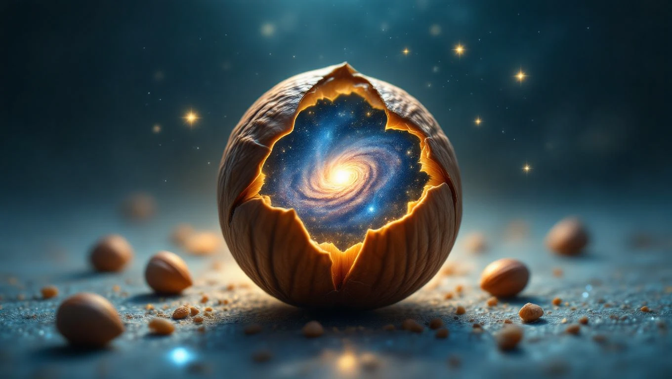 Mit jelent mogyoróval álmodni? – Részletes álomfejtés és értelmezés Egy mogyoró héja, amelyből egy galaxis látható, csillagokkal körülvéve.