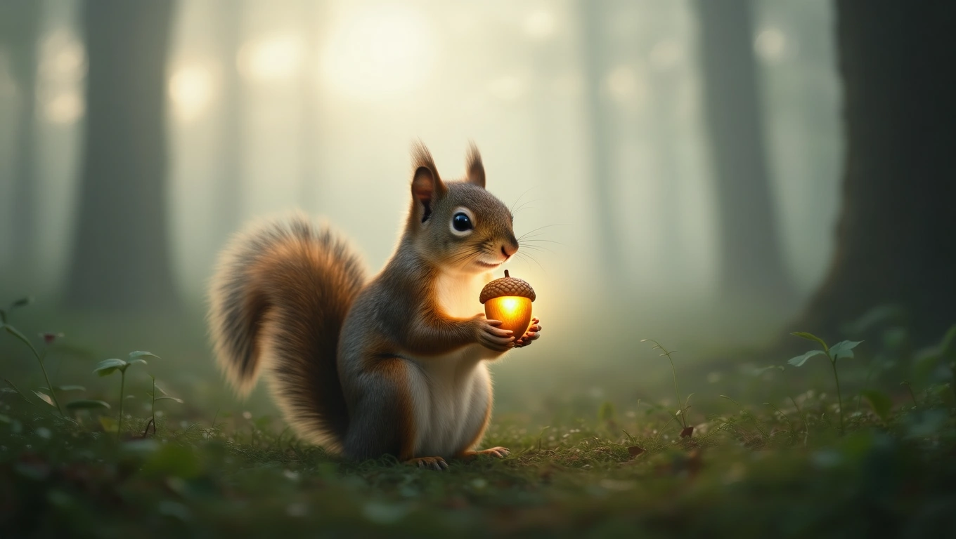 Mit jelent mókussal álmodni? – Részletes álomfejtés és értelmezés Egy mókus áll a fűben, egy világító makkot tart a kezében, háttérben fák.