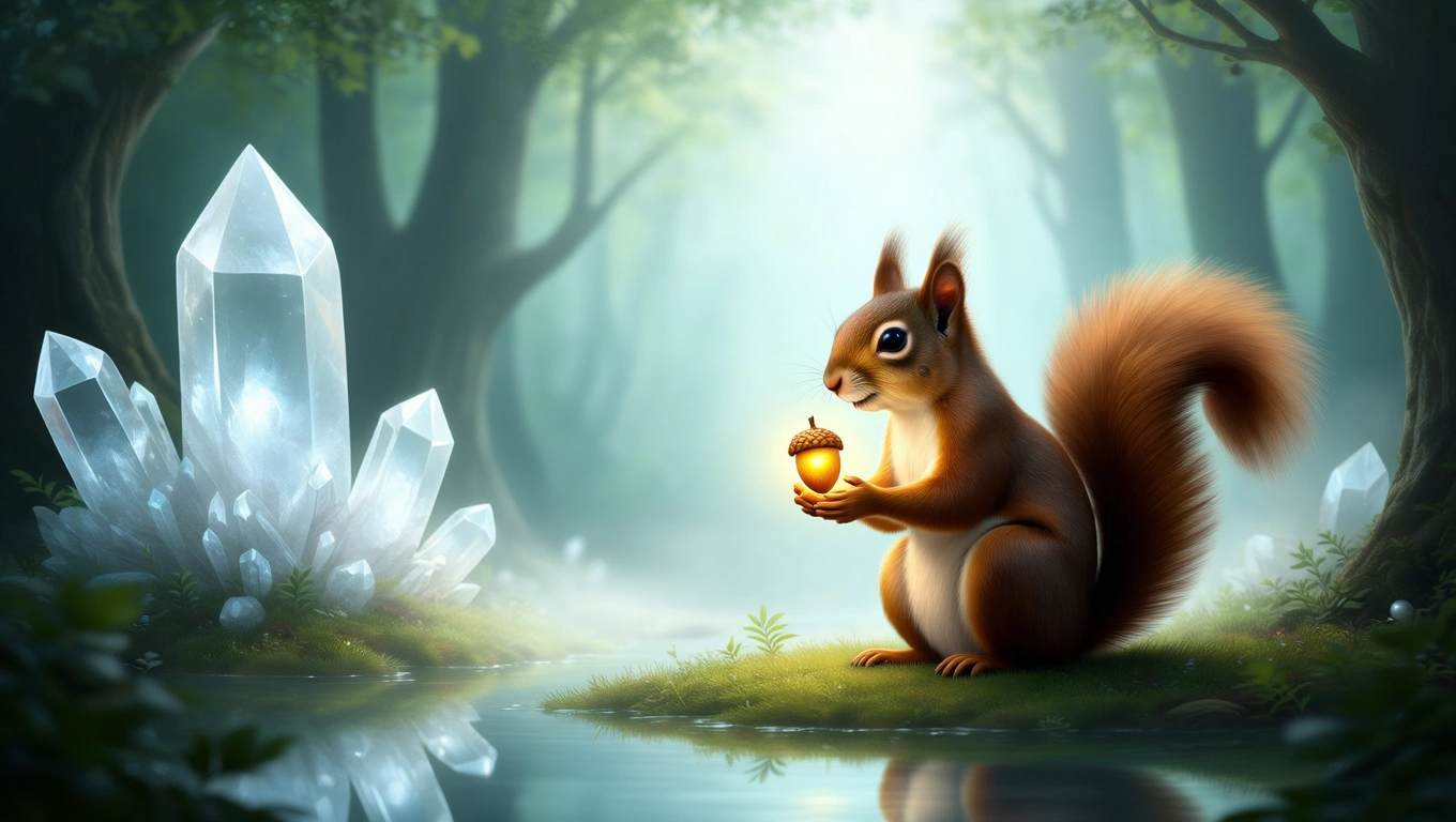 Mit jelent mókussal álmodni? – Részletes álomfejtés és értelmezés Egy mókus áll egy kristályokkal teli erdőben, akit egy makk érdekel.