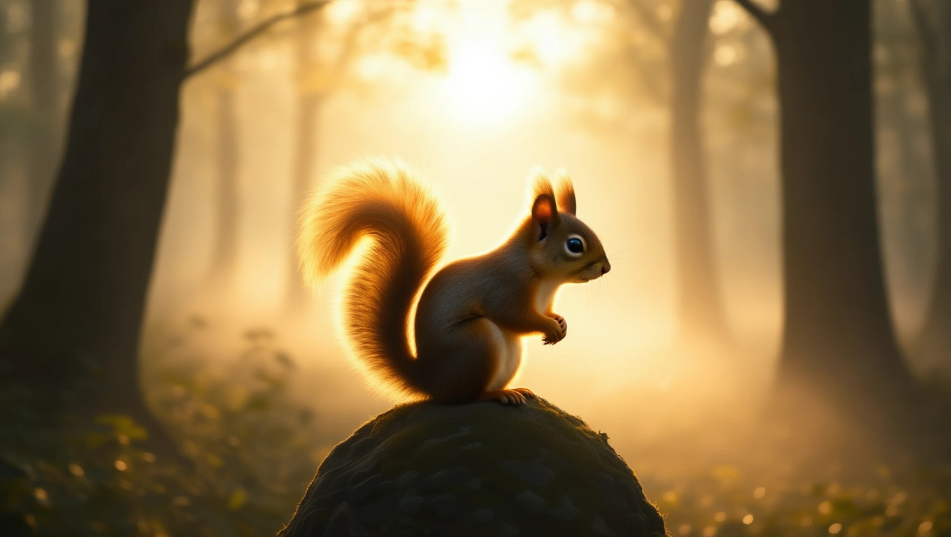 Egy mókus áll egy dombon, háttérben napfény és fák, álomfejtés szimbóluma.