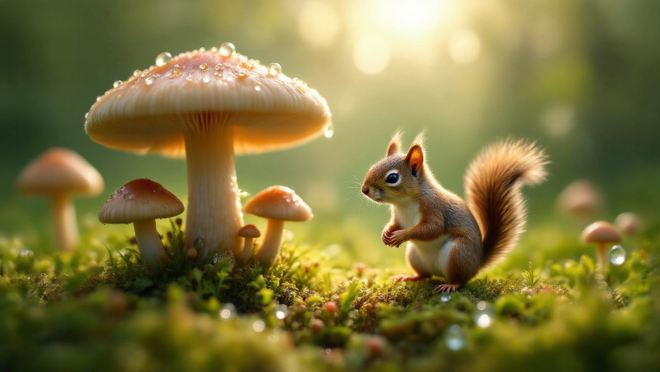 Mit jelent mókussal álmodni? – Részletes álomfejtés és értelmezés Egy mókus áll egy gombák között, zöld fűvel borított talajon, napsütésben.