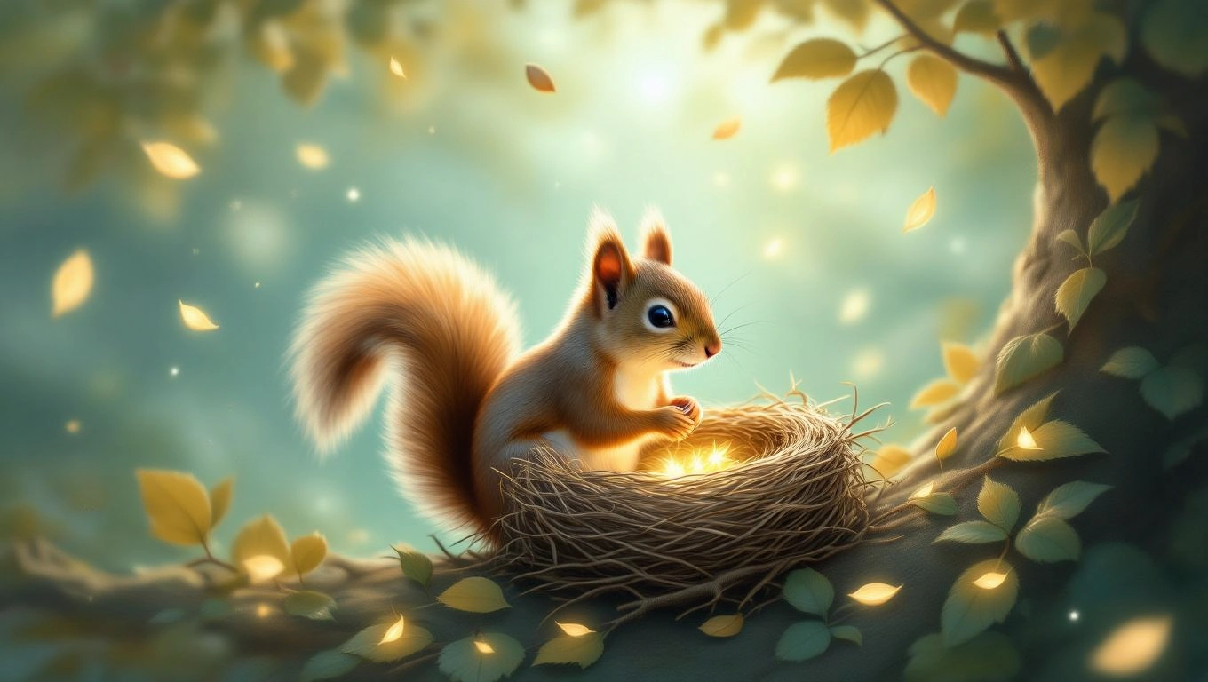 Mit jelent mókussal álmodni? – Részletes álomfejtés és értelmezés Egy mókus ül egy fészekben, körülötte levelek és fények.