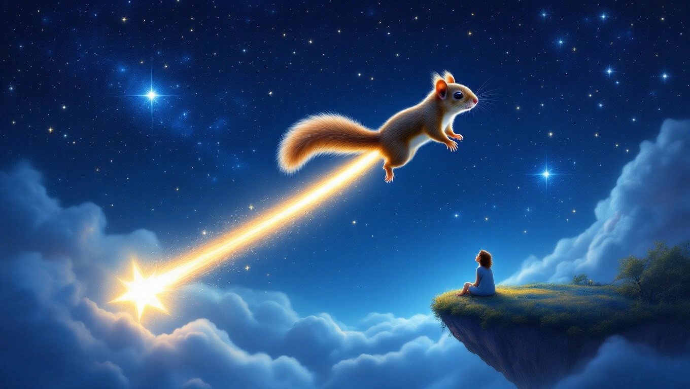 Mit jelent mókussal álmodni? – Részletes álomfejtés és értelmezés Egy mókus ugrik a csillagok között, miközben egy gyerek figyeli.