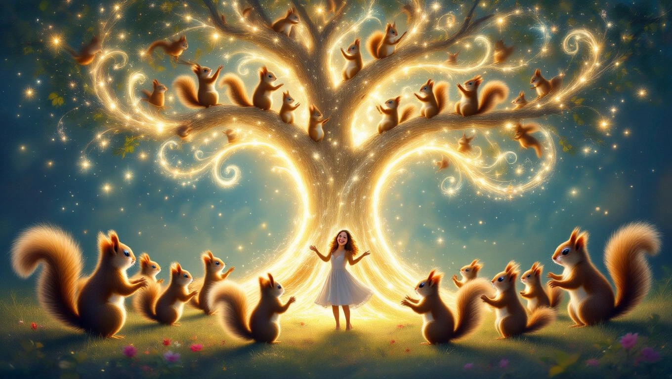 Mit jelent mókussal álmodni? – Részletes álomfejtés és értelmezés Egy varázslatos fa körül mókusok és egy lány táncolnak, csillogó fényekkel.