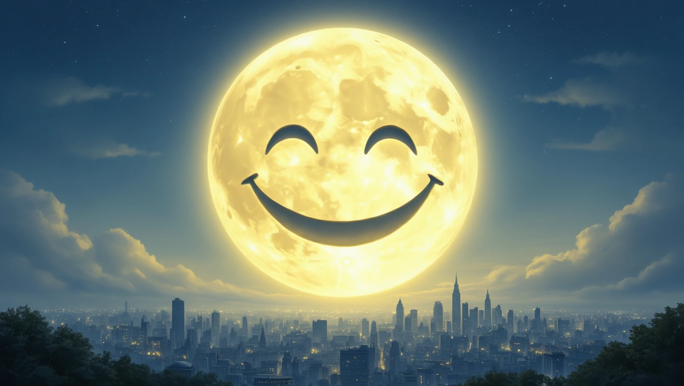 Mit jelent smileyról álmodni? – Részletes álomfejtés és értelmezés Egy hatalmas, mosolygó smiley a telihold fényében, városi táj előtt.